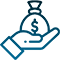 A blue icon of a hand holding money bag.