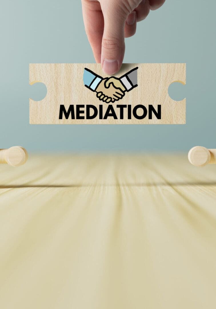 A person holding up two wooden blocks with the word mediation on them.